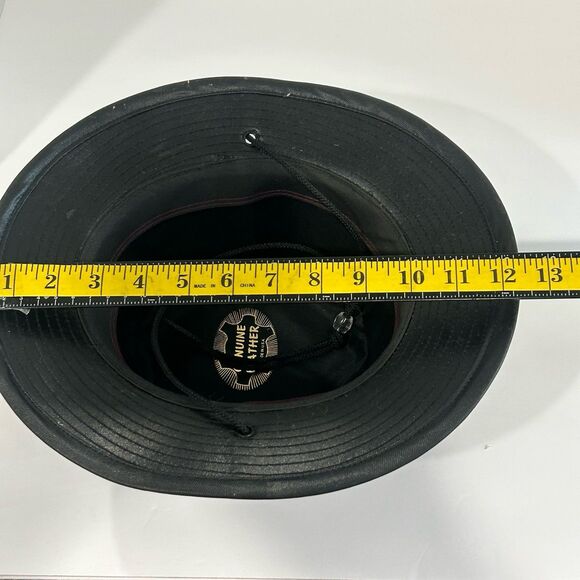 Vintage Fedora Hat Women's Size Med Color Black Leather USA Attached chin strap - Picture 7 of 11